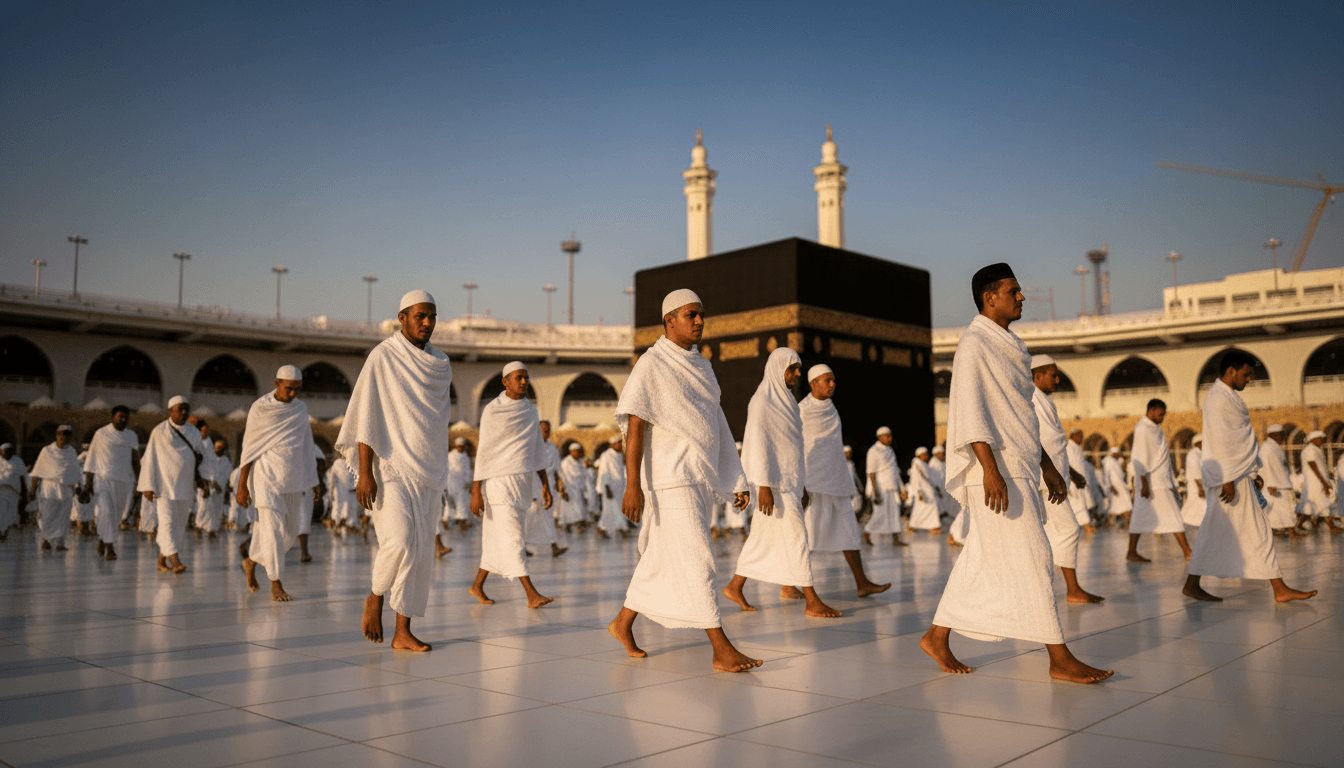 Jamaah umroh berjalan dengan khusyuk di pelataran Masjidil Haram