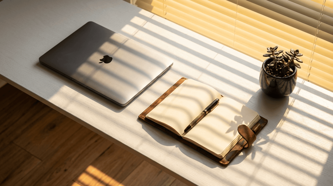 Bright overhead desk view with closed laptop, notebook, pen, and plant casting sharp shadows from golden afternoon light.