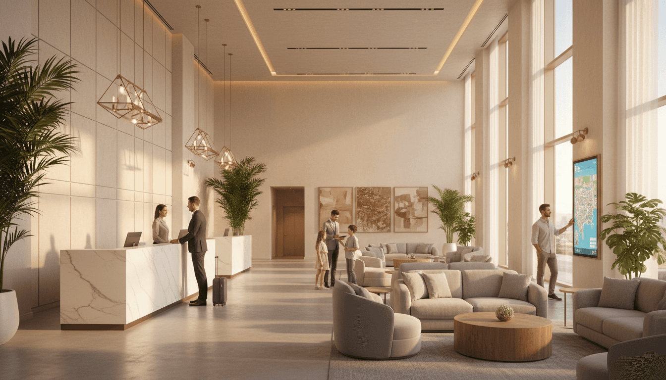 Elegant hotel lobby with marble front desk, comfortable seating, and diverse guests interacting with staff during afternoon light