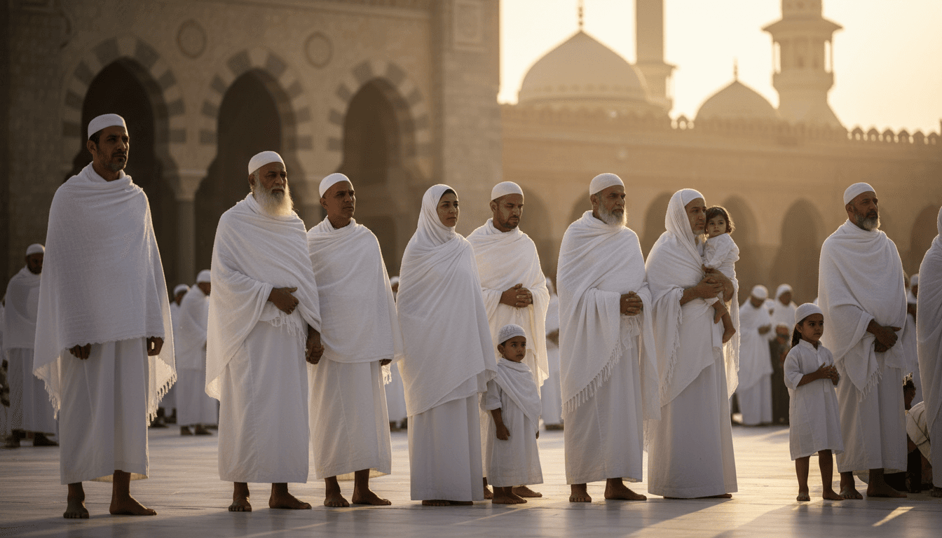 Pilgrims in ihram walking in Masjidil Haram courtyard during golden hour