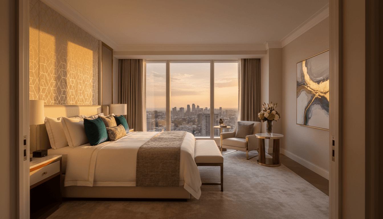 Luxurious hotel suite bedroom with king bed, city skyline view, and elegant furnishings bathed in golden afternoon light