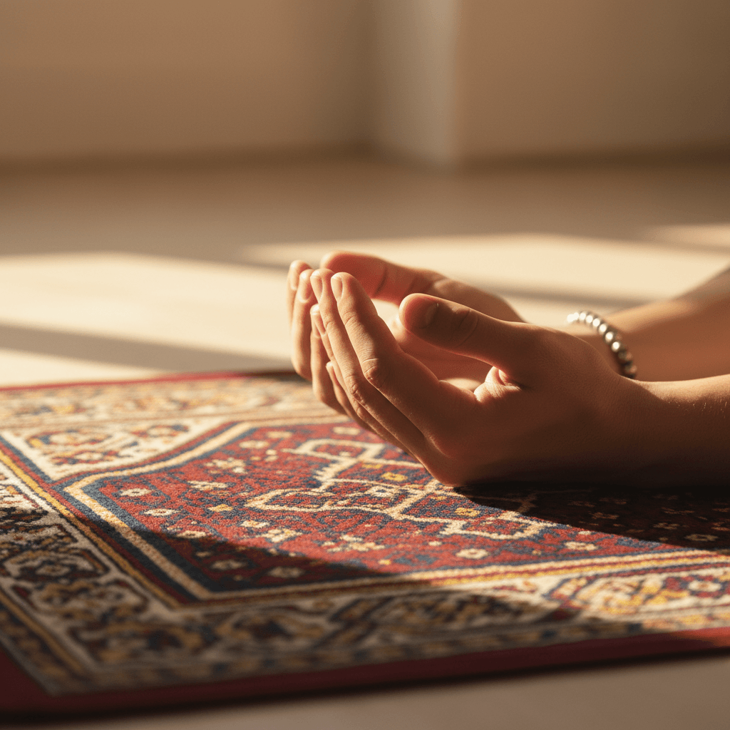 Close-up of hands in prayer position resting on ornate traditional prayer rug with geometric patterns in soft natural light
