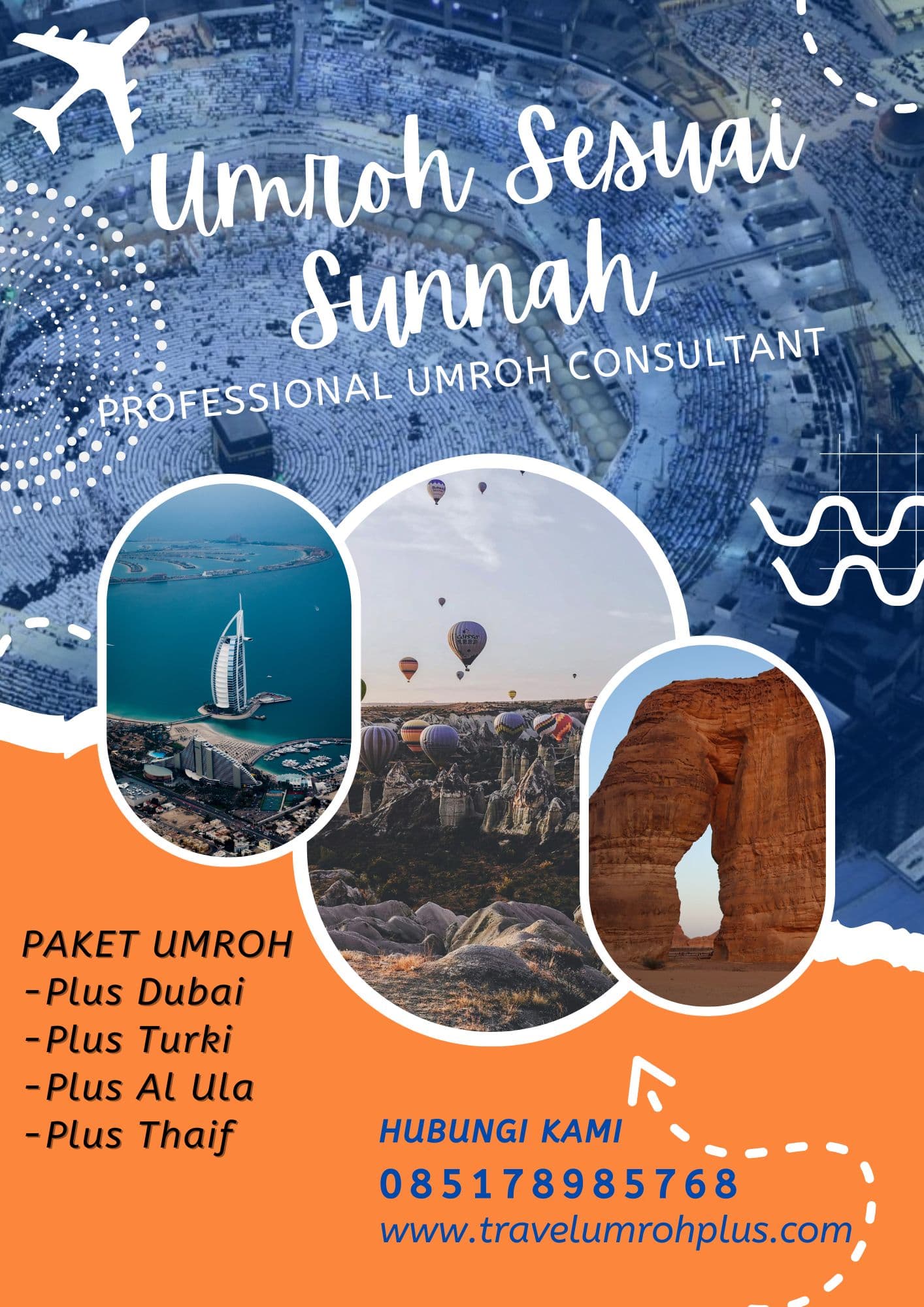 Poster paket umroh menampilkan Masjidil Haram, Burj Al Arab, Kapadokia, dan pemandangan Al Ula.