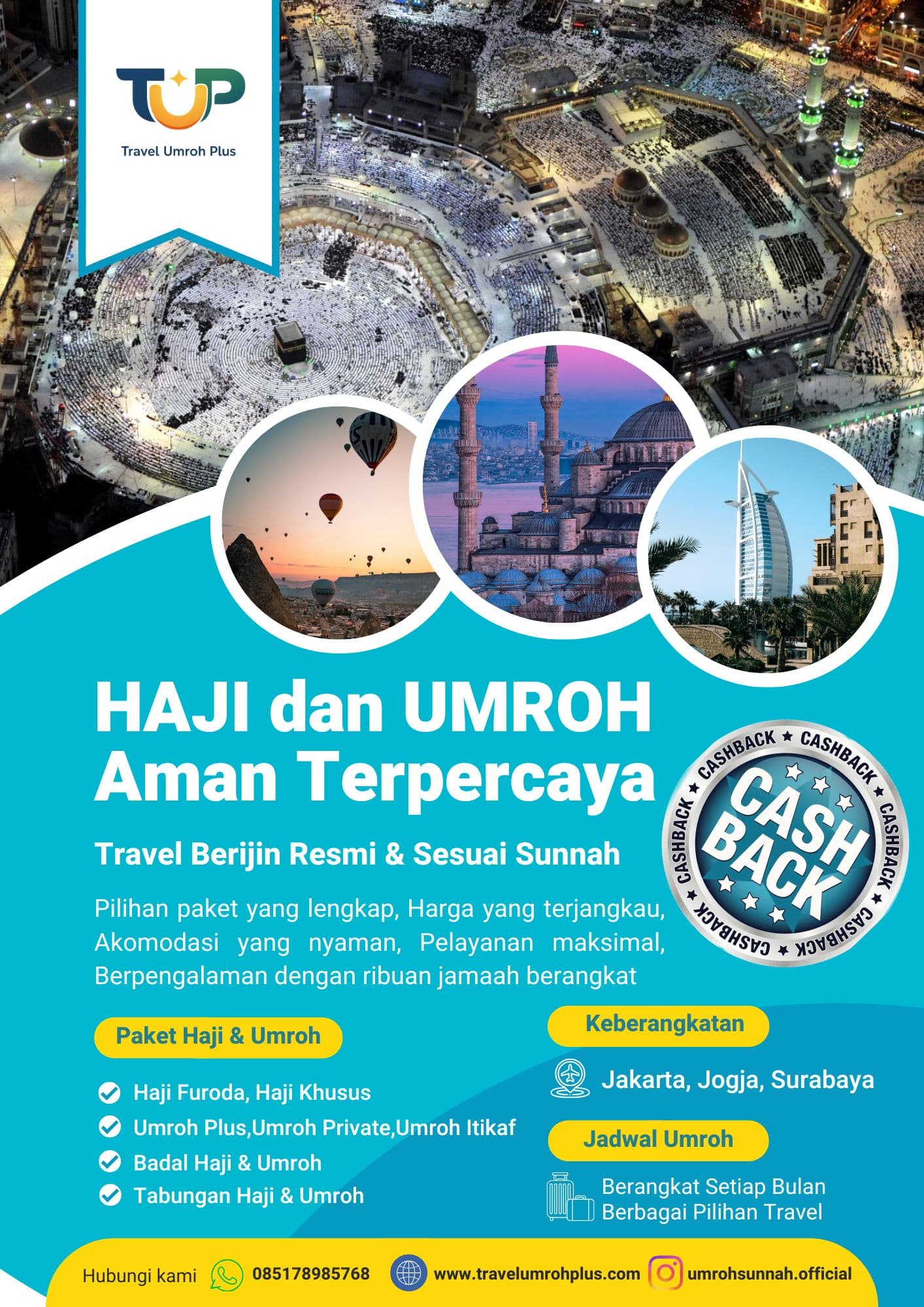 Poster promosi haji dan umroh Travel Umroh Plus menampilkan Ka'bah dan beragam destinasi wisata internasional.
